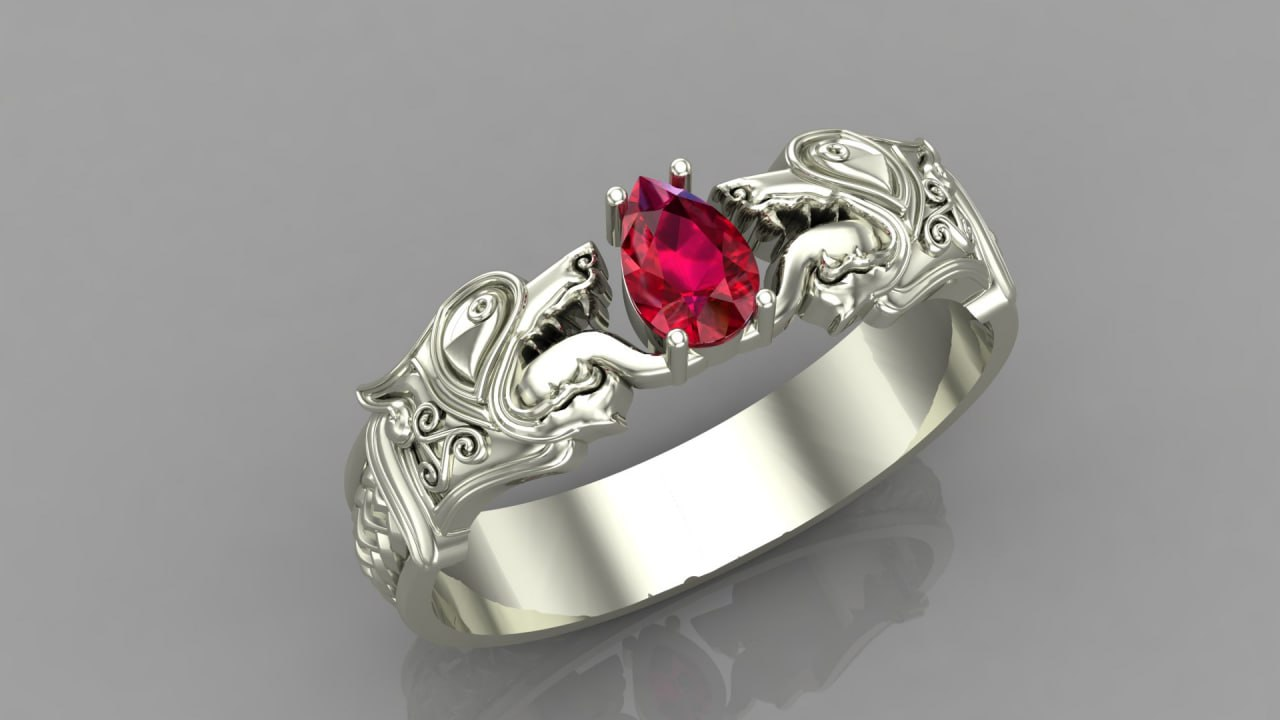 vkngjewelry Bagues CUSTOM ORDER  Norse Wolf Fenrir Red Ruby Stone Sterling Silver Ring