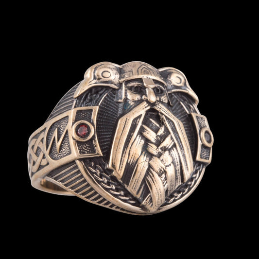 vkngjewelry Bagues Odin and Raven Zirconium Bronze Ring