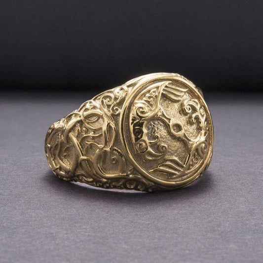vkngjewelry Bagues Odin Raven Symbol Urnes Style Gold Ring