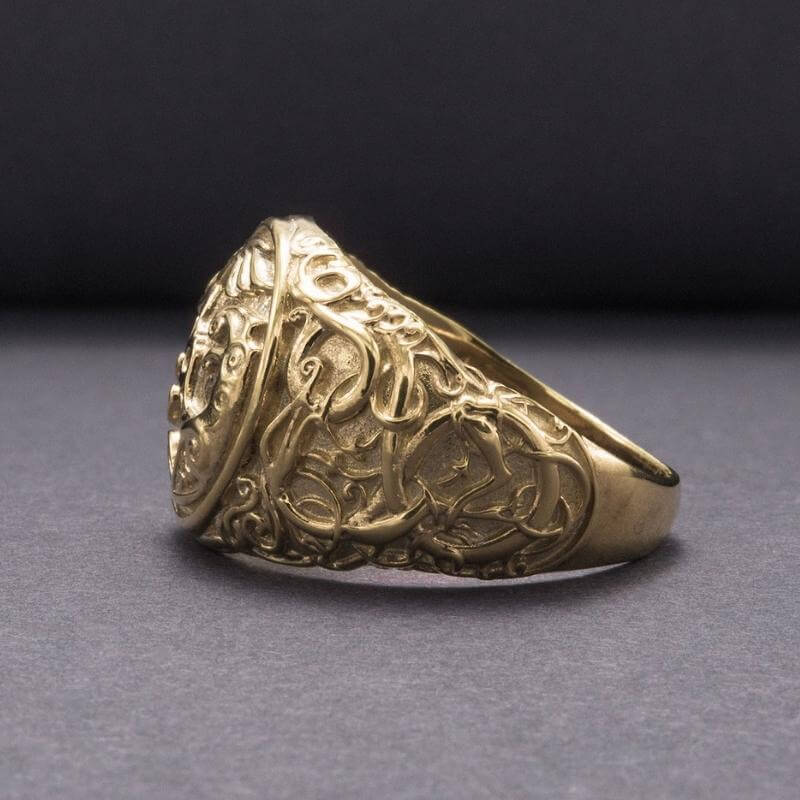 vkngjewelry Bagues Odin Raven Symbol Urnes Style Gold Ring