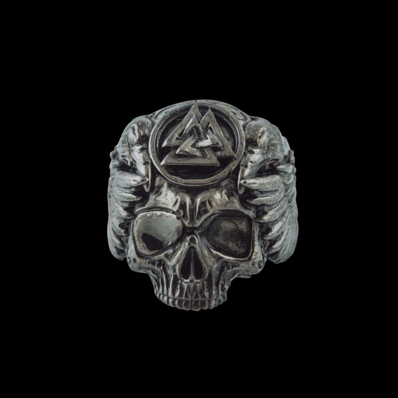 vkngjewelry Bagues Odin's Skull Valknut Ruthenium Plated Sterling Silver Ring