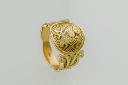 vkngjewelry Ring Handcrafted Owl Symbol with Ornament Gold Ring