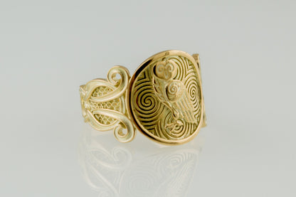 vkngjewelry Ring Handcrafted Owl Symbol with Ornament Gold Ring