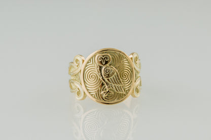 vkngjewelry Ring Handcrafted Owl Symbol with Ornament Gold Ring