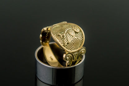 vkngjewelry Ring Handcrafted Owl Symbol with Ornament Gold Ring