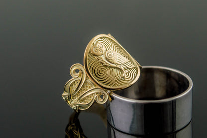 vkngjewelry Ring Handcrafted Owl Symbol with Ornament Gold Ring