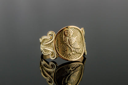 vkngjewelry Ring Handcrafted Owl Symbol with Ornament Gold Ring