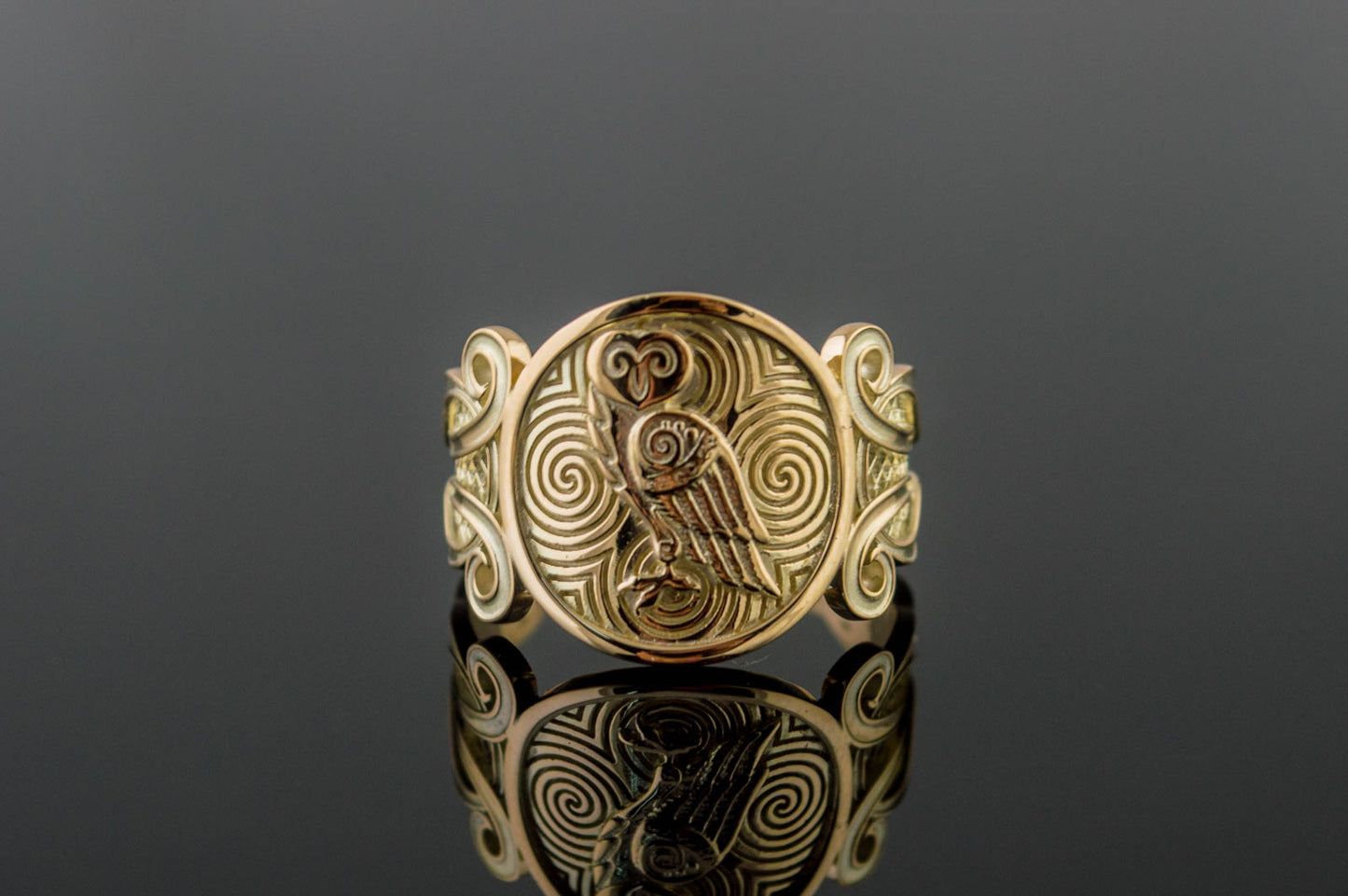 vkngjewelry Ring Handcrafted Owl Symbol with Ornament Gold Ring