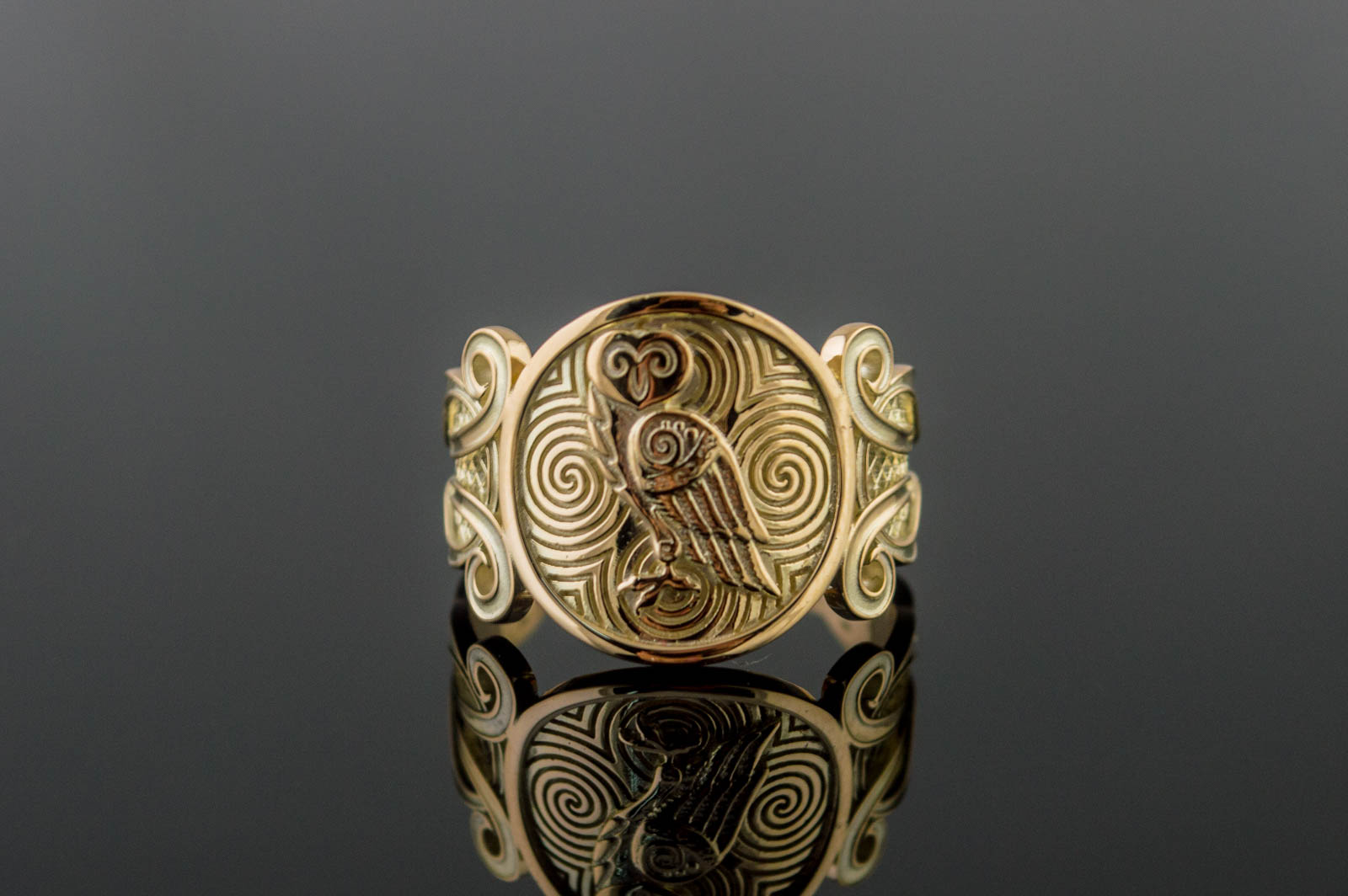 vkngjewelry Ring Handcrafted Owl Symbol with Ornament Gold Ring