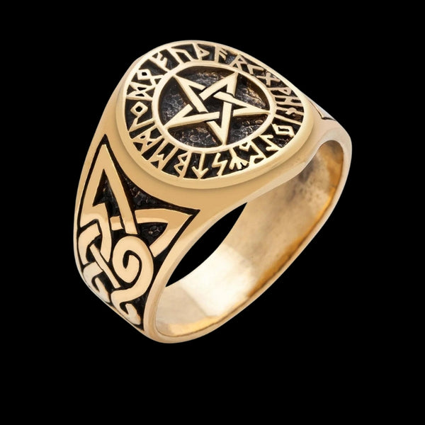 Pentagram Bronze Ring with Knotwork and Viking Runes | Handcrafted