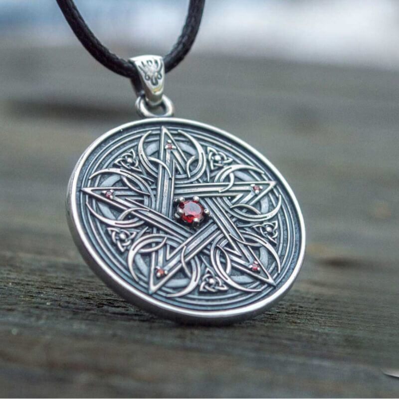 vkngjewelry Pendant Handcrafted Pentagram Necklace With Red Cubic Zirconia Sterling Silver Handmade Jewelry
