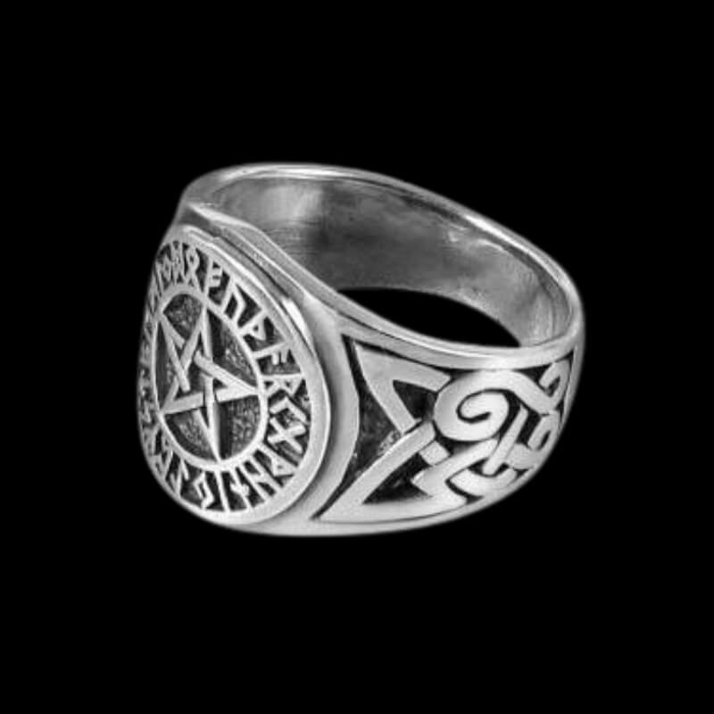 vkngjewelry Bagues Pentagramme Silver Ring With Knotwork And Viking Runes