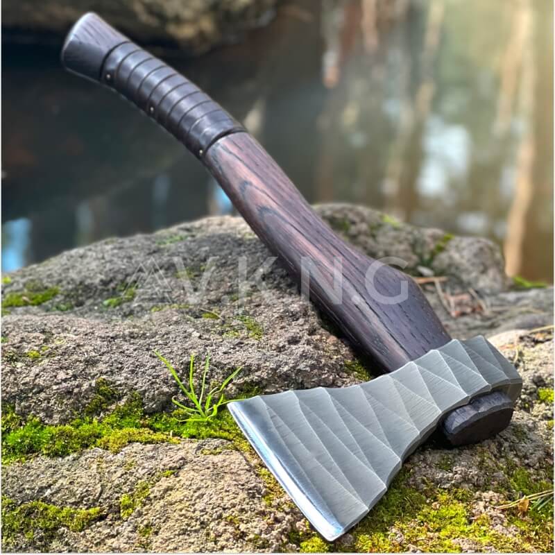 High carbon steel forged throwing axe with leather wrap handle and etching  on blade
