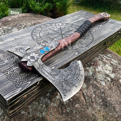 vkngjewelry hache Ragnarok Kratos Axe With Carved Handle And Luminescent Runes Hand-forged