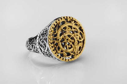 vkngjewelry Ring Viking Urnes Style Silver Ring with Gold Plated Overlay