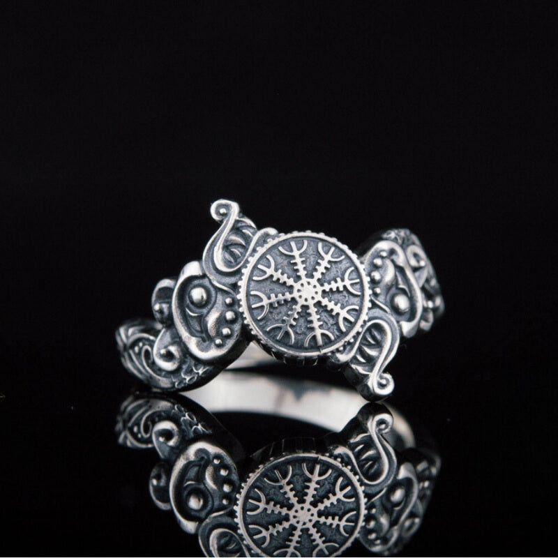 vkngjewelry Bagues Ring With Helm Of Awe Symbol And Wolf Ornament Sterling Silver Viking Jewelry