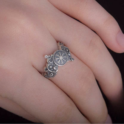 vkngjewelry Bagues Ring With Helm Of Awe Symbol And Wolf Ornament Sterling Silver Viking Jewelry