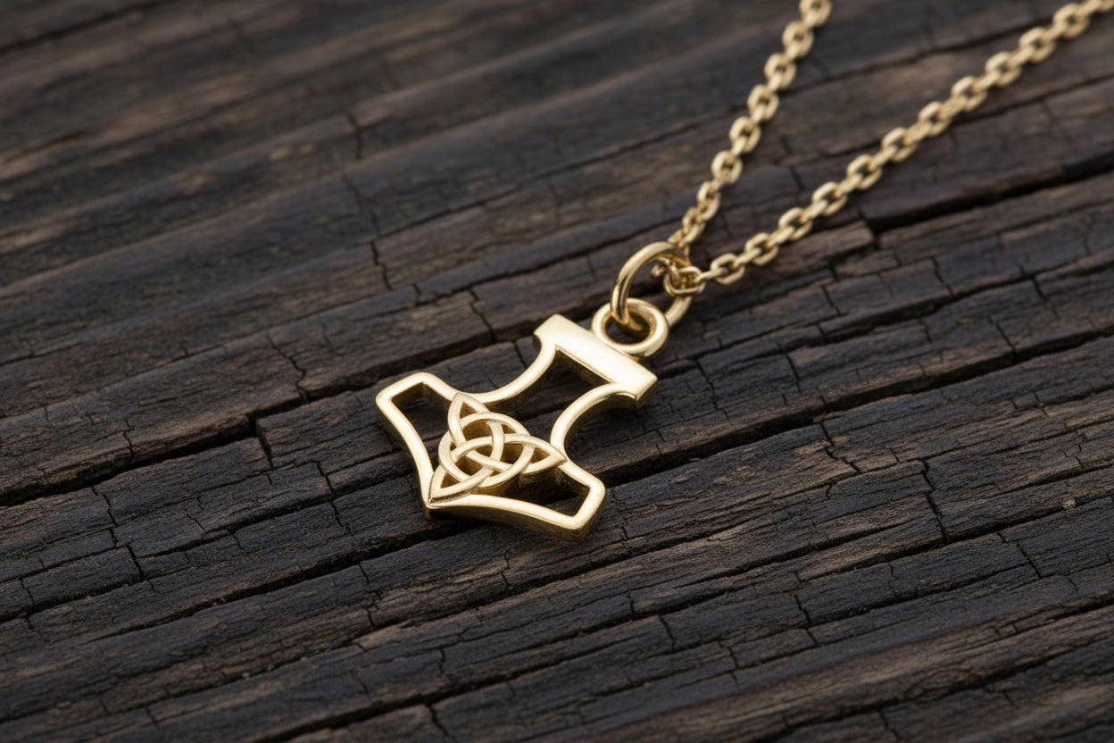 vkngjewelry Pendant Handcrafted Slim Thor Hammer With Triquetra Gold Pendant
