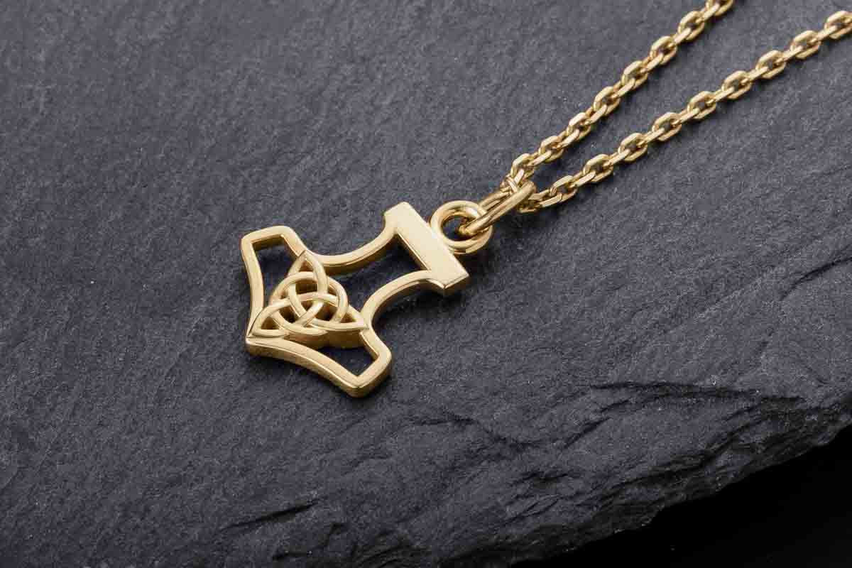 vkngjewelry Pendant Handcrafted Slim Thor Hammer With Triquetra Gold Pendant