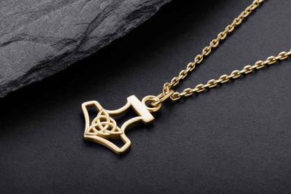 vkngjewelry Pendant Handcrafted Slim Thor Hammer With Triquetra Gold Pendant