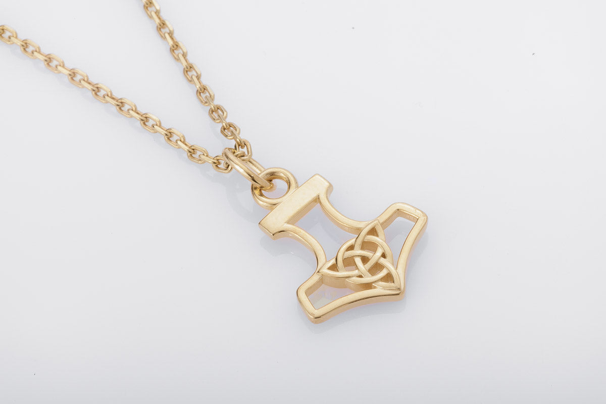 vkngjewelry Pendant Handcrafted Slim Thor Hammer With Triquetra Gold Pendant