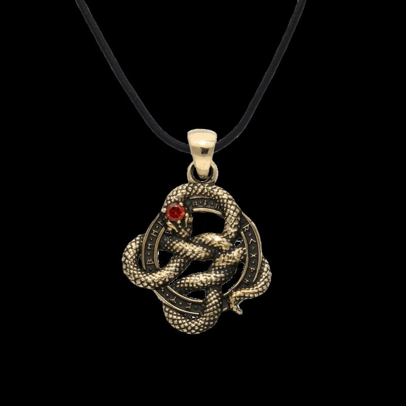 vkngjewelry Pendant Snake Runes and Red Cubic Zirconia Bronze Pendant