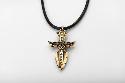 vkngjewelry Pendant Solid Brass Norse Sword Pendant Handcrafted Dagger Amulet with Cubic Zirconia