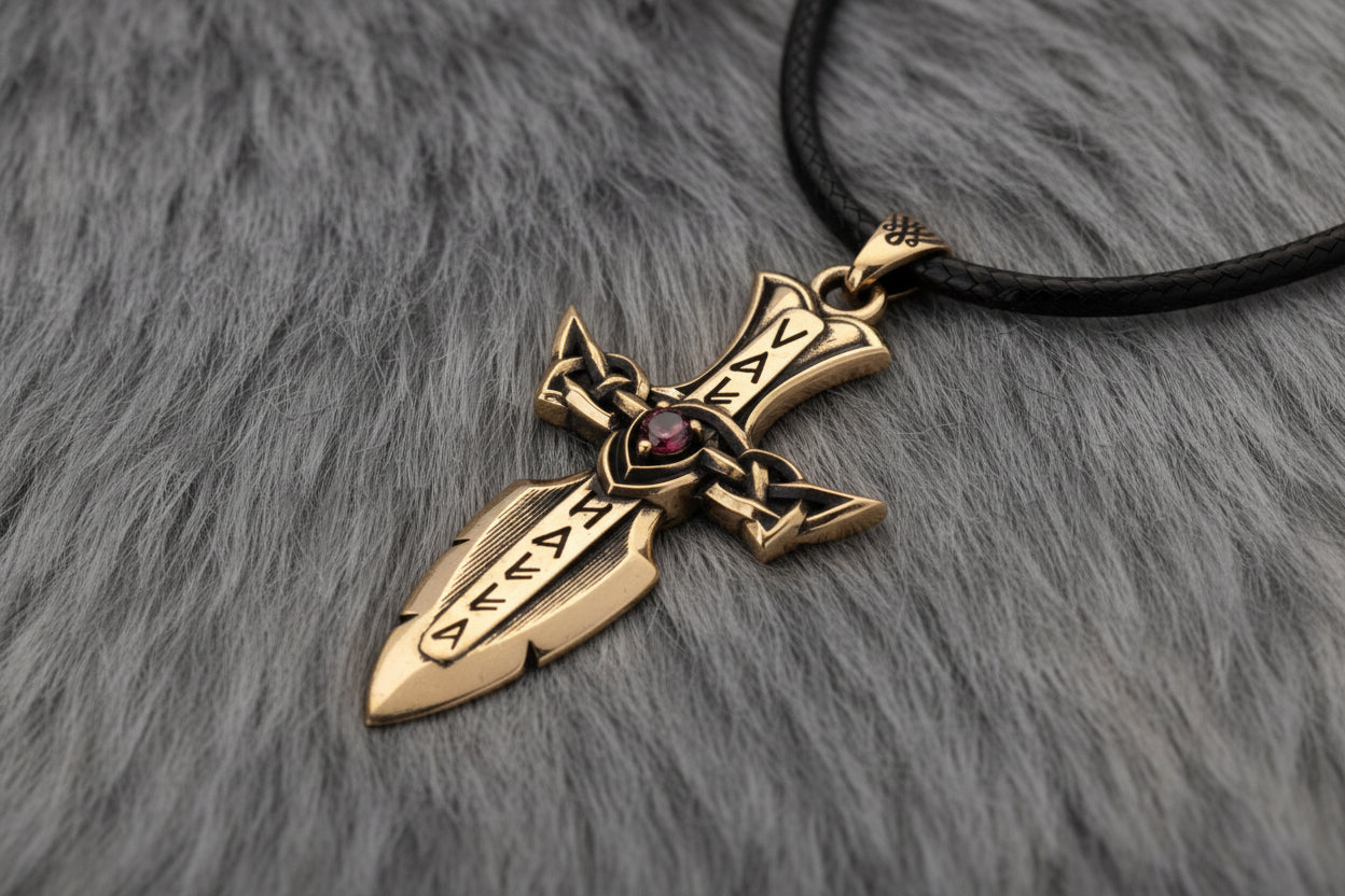 vkngjewelry Pendant Solid Brass Norse Sword Pendant Handcrafted Dagger Amulet with Cubic Zirconia