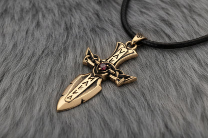 vkngjewelry Pendant Solid Brass Norse Sword Pendant Handcrafted Dagger Amulet with Cubic Zirconia