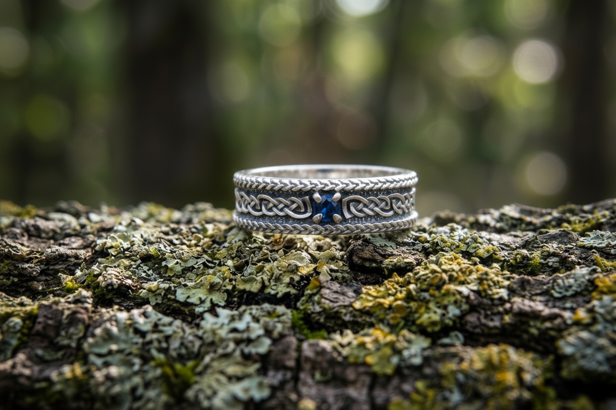 vkngjewelry Ring Sterling Silver Viking Ring with Ornament Handcrafted Gemstone Band