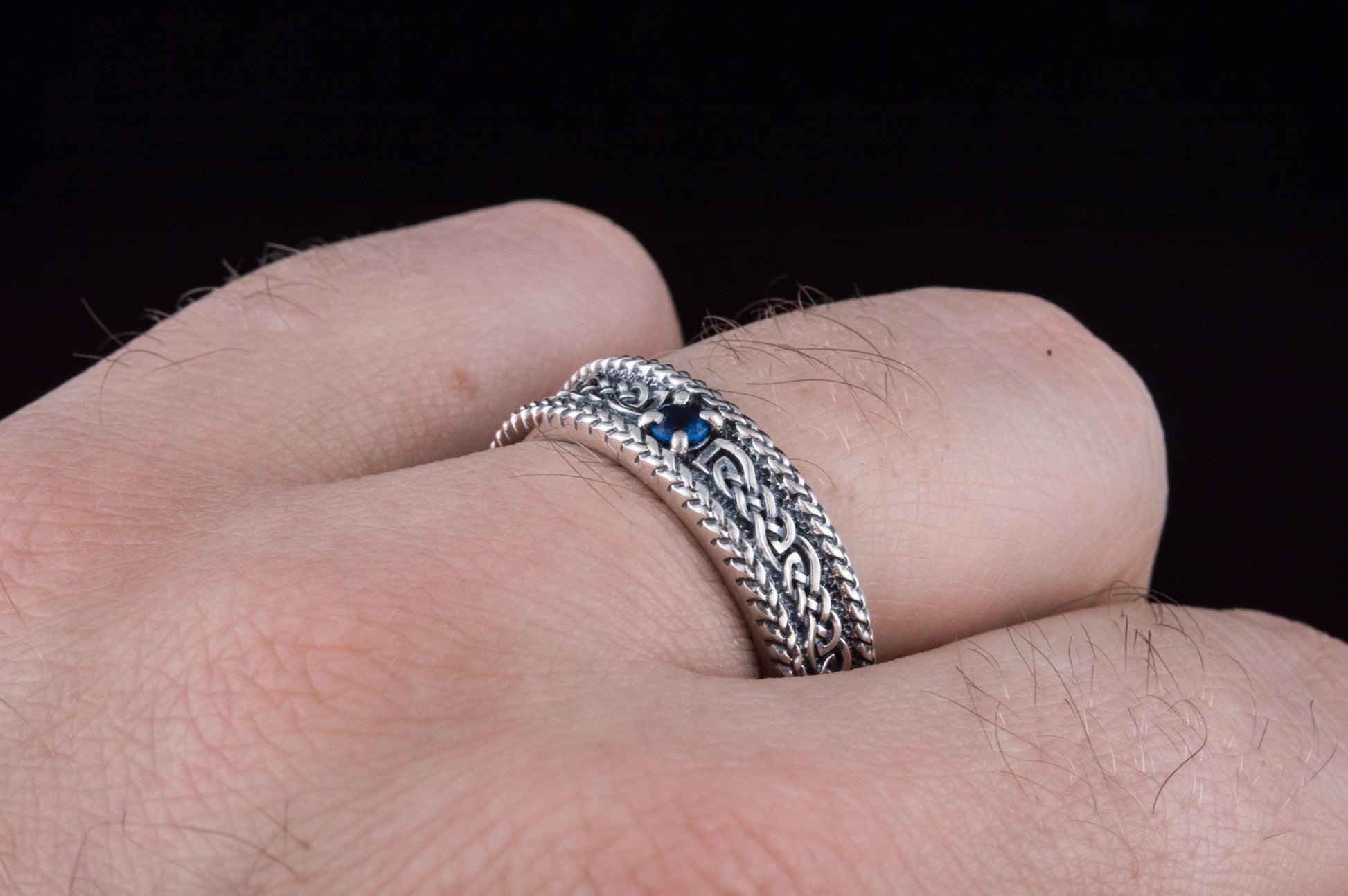 vkngjewelry Ring Sterling Silver Viking Ring with Ornament Handcrafted Gemstone Band