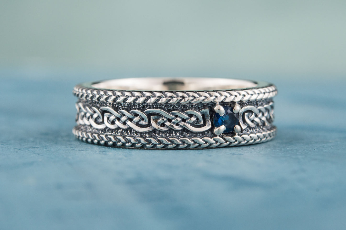 vkngjewelry Ring Sterling Silver Viking Ring with Ornament Handcrafted Gemstone Band