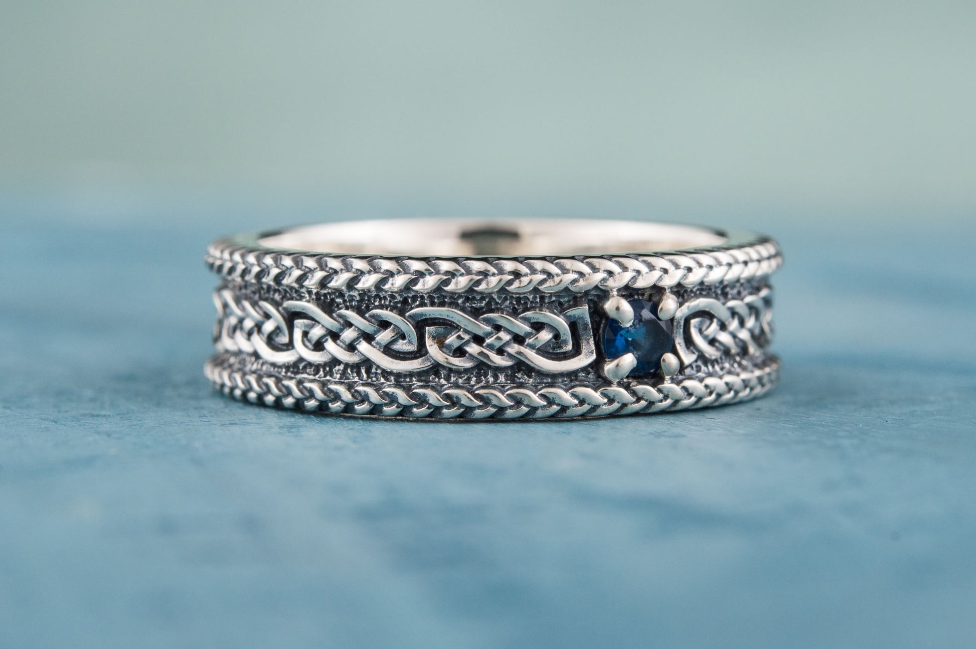 vkngjewelry Ring Sterling Silver Viking Ring with Ornament Handcrafted Gemstone Band