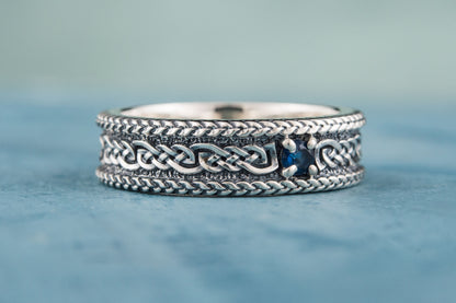 vkngjewelry Ring Sterling Silver Viking Ring with Ornament Handcrafted Gemstone Band