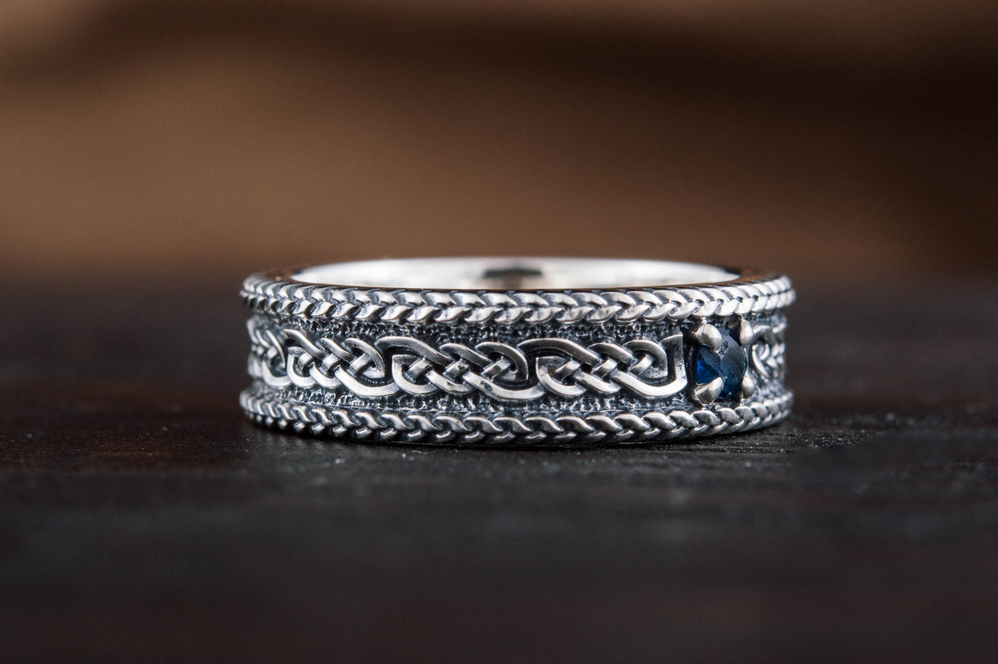 vkngjewelry Ring Sterling Silver Viking Ring with Ornament Handcrafted Gemstone Band