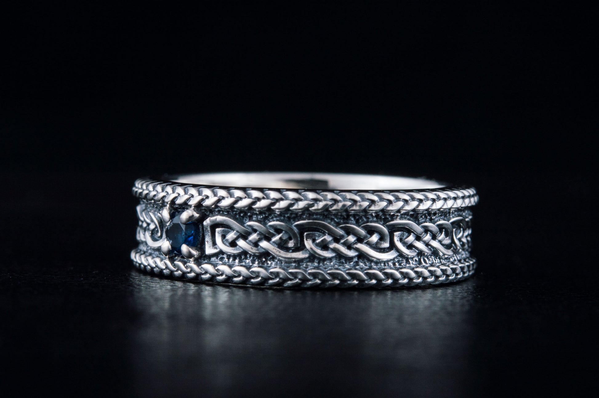 vkngjewelry Ring Sterling Silver Viking Ring with Ornament Handcrafted Gemstone Band