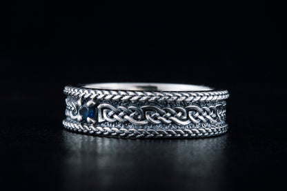 vkngjewelry Ring Sterling Silver Viking Ring with Ornament Handcrafted Gemstone Band