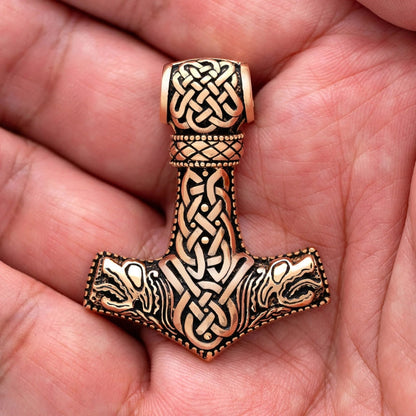 vkngjewelry Pendant Mjolnir Bronze Pendant With Jormungand Heads
