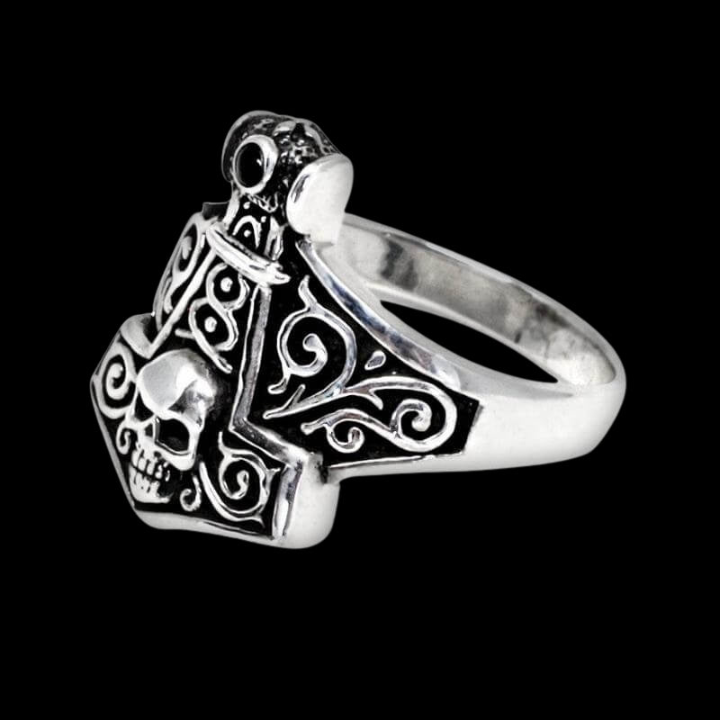 vkngjewelry Bagues Thor Hammer Norse Skull Sterling Silver Ring