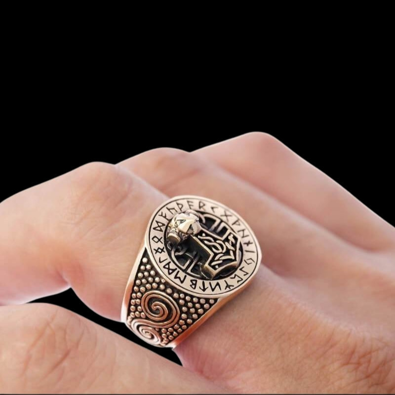 vkngjewelry Bagues Thor Hammer Runic Bronze Ring