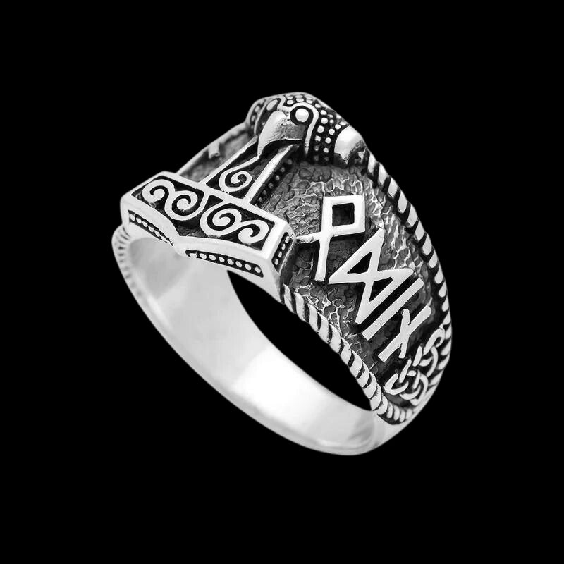 vkngjewelry Bagues Thor Hammer with Hail Odin Script RING 925 STERLING SILVER