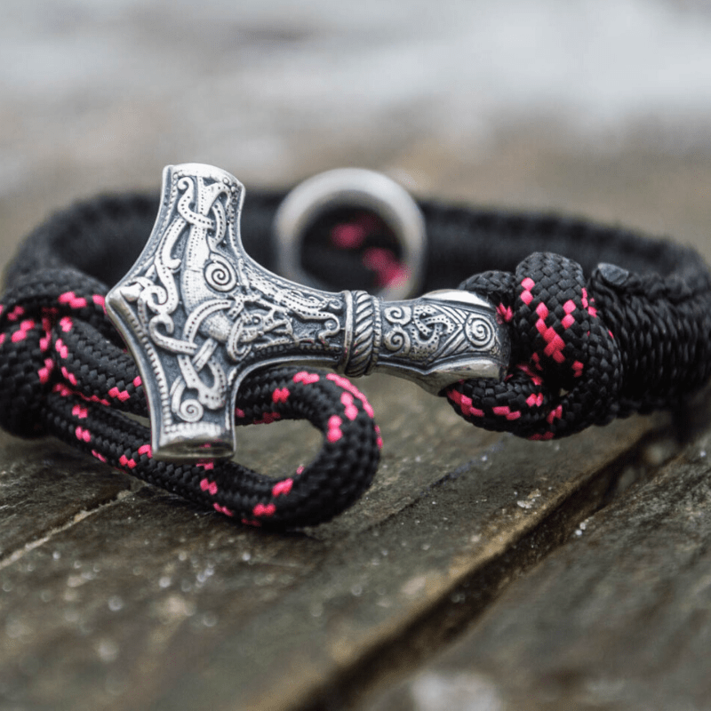 vkngjewelry Bracelet Thor Hammer with Runes Paracord Bracelet Sterling Silver