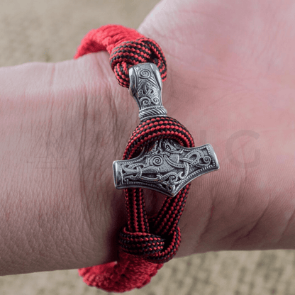 Handcrafted River Paracord Bracelet with Mjölnir and Runes - Sterling Silver
