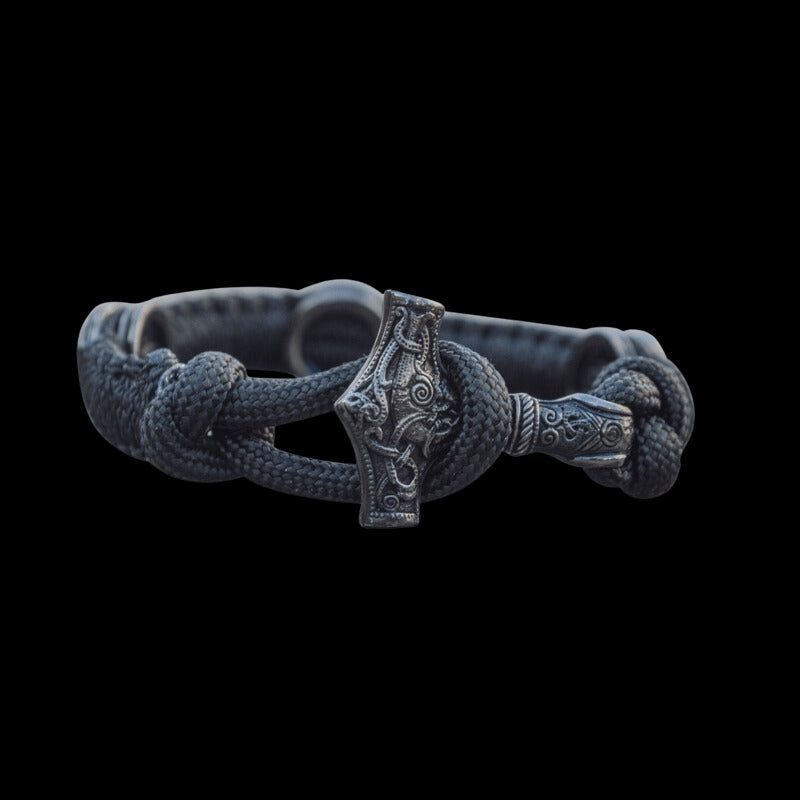 vkngjewelry Bracelet Thor Hammer with Ruthenium Paracord Bracelet Sterling