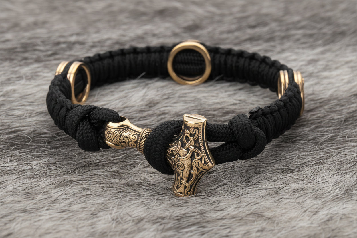 vkngjewelry Bracelet Brass Thor’s Hammer Paracord Bracelet Handcrafted Viking Mjolnir Wristband
