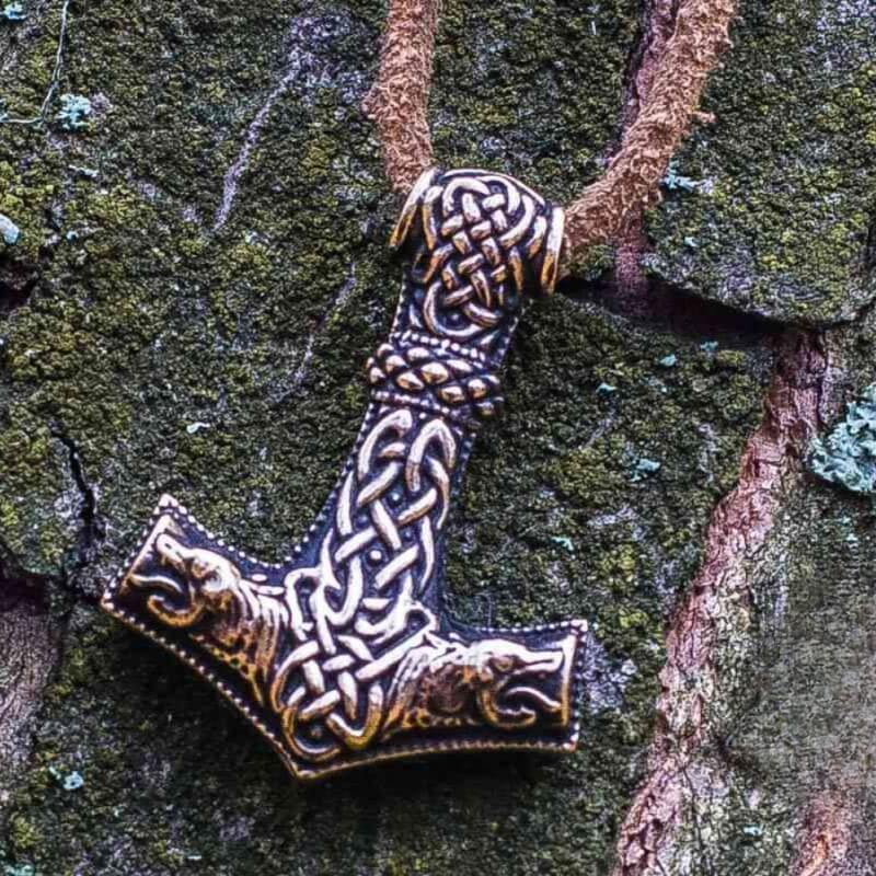 vkngjewelry Pendant Thor's Hammer Pendant Bronze Mjolnir With Wolf Ornament