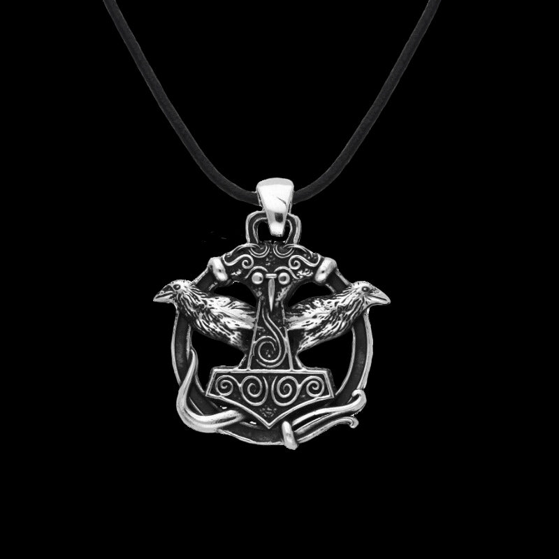 vkngjewelry Pendant Thors Hammer Two Ravens Sterling Silver Pendant
