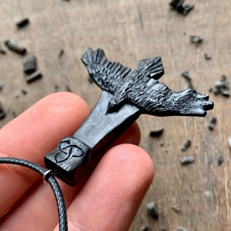vkngjewelry Pendant Unique Bog Oak Wood Mjolnir Raven Triquetra Pendant