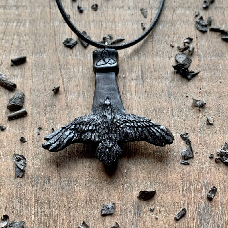 vkngjewelry Pendant Unique Bog Oak Wood Mjolnir Raven Triquetra Pendant