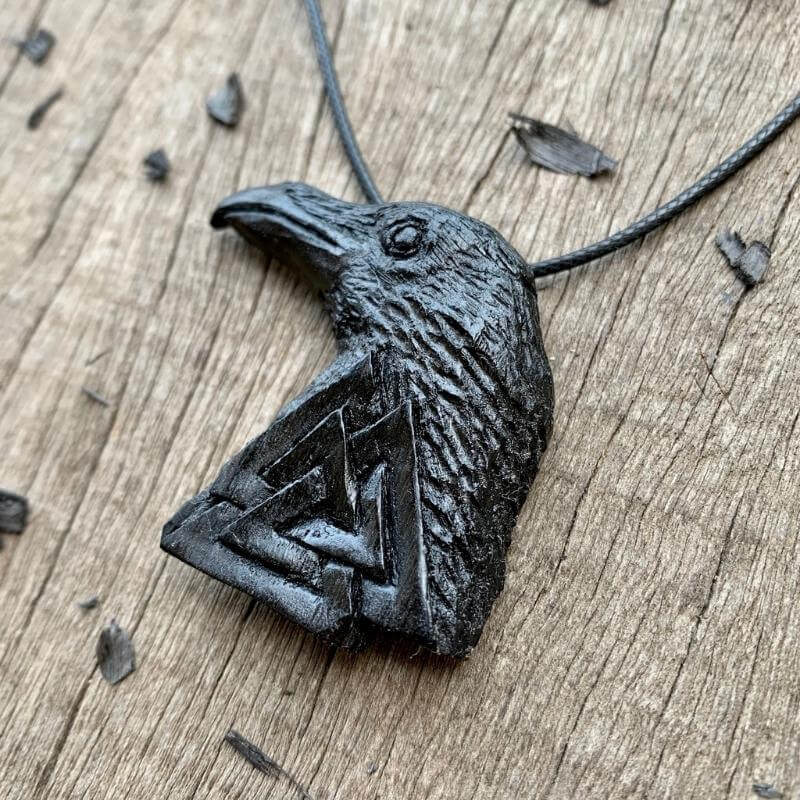 vkngjewelry Pendant Unique Bog Oak Wood Raven and Valknut Pendant
